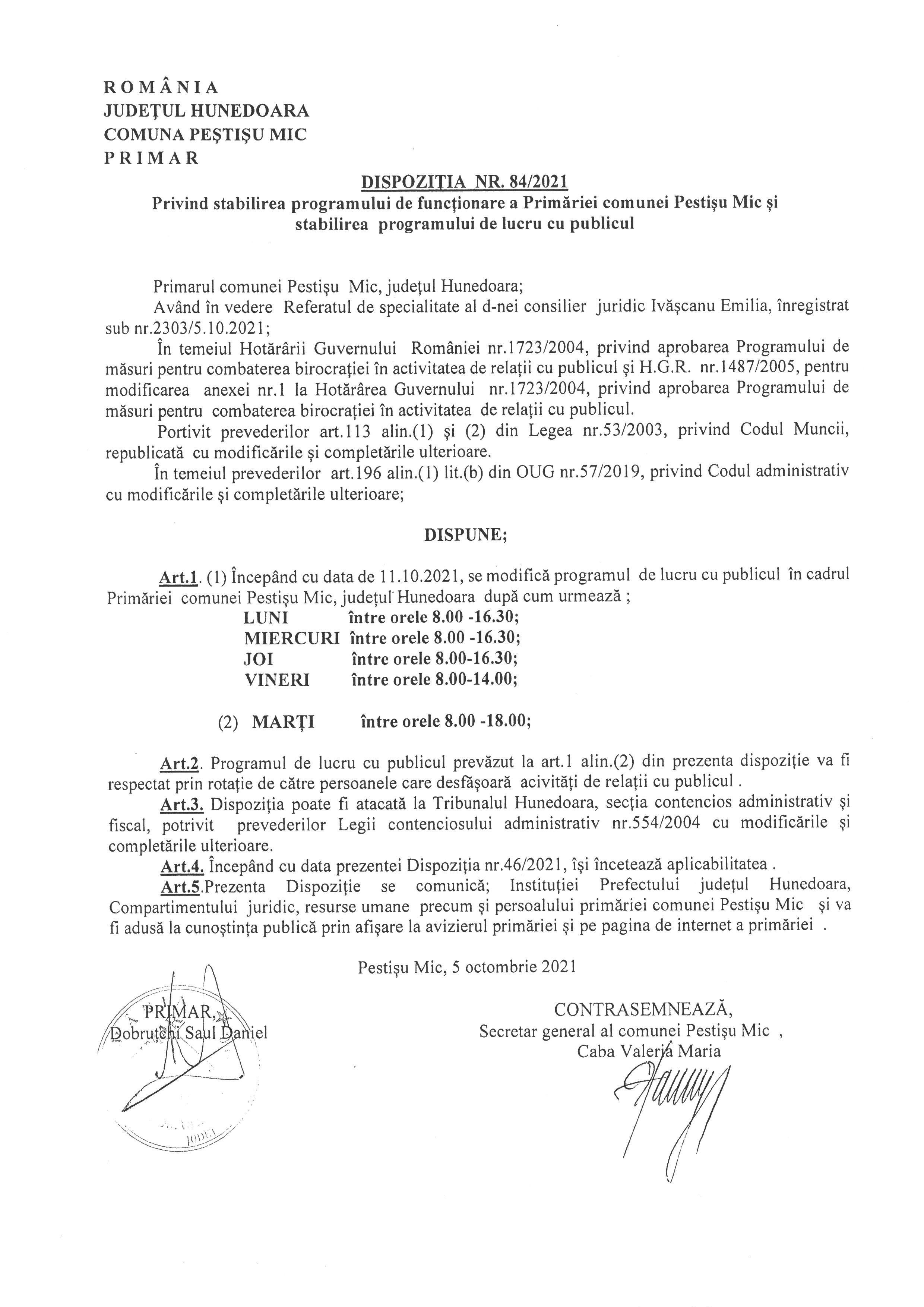 Dispoziția nr. 84 din 2021 privind stabilirea programului de funcționare a Primăriei comunei Pestișu Mic și stabilirea programului de lucru cu publicul
