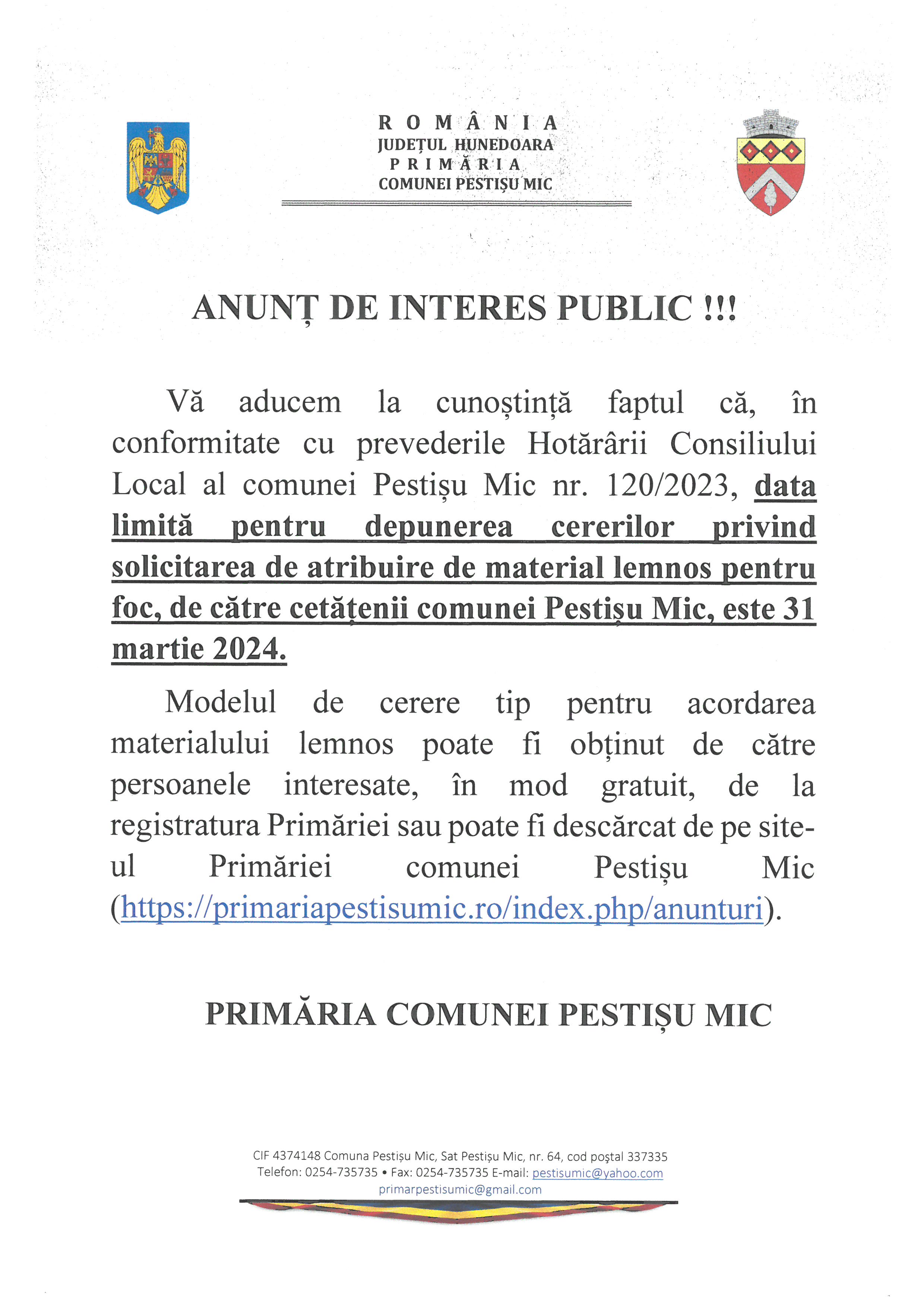 ANUNȚ DATĂ LIMITĂ DEPUNERE CERERE ATRIBUIRE MATERIAL LEMNOS PENTRU FOC 31.03.2024